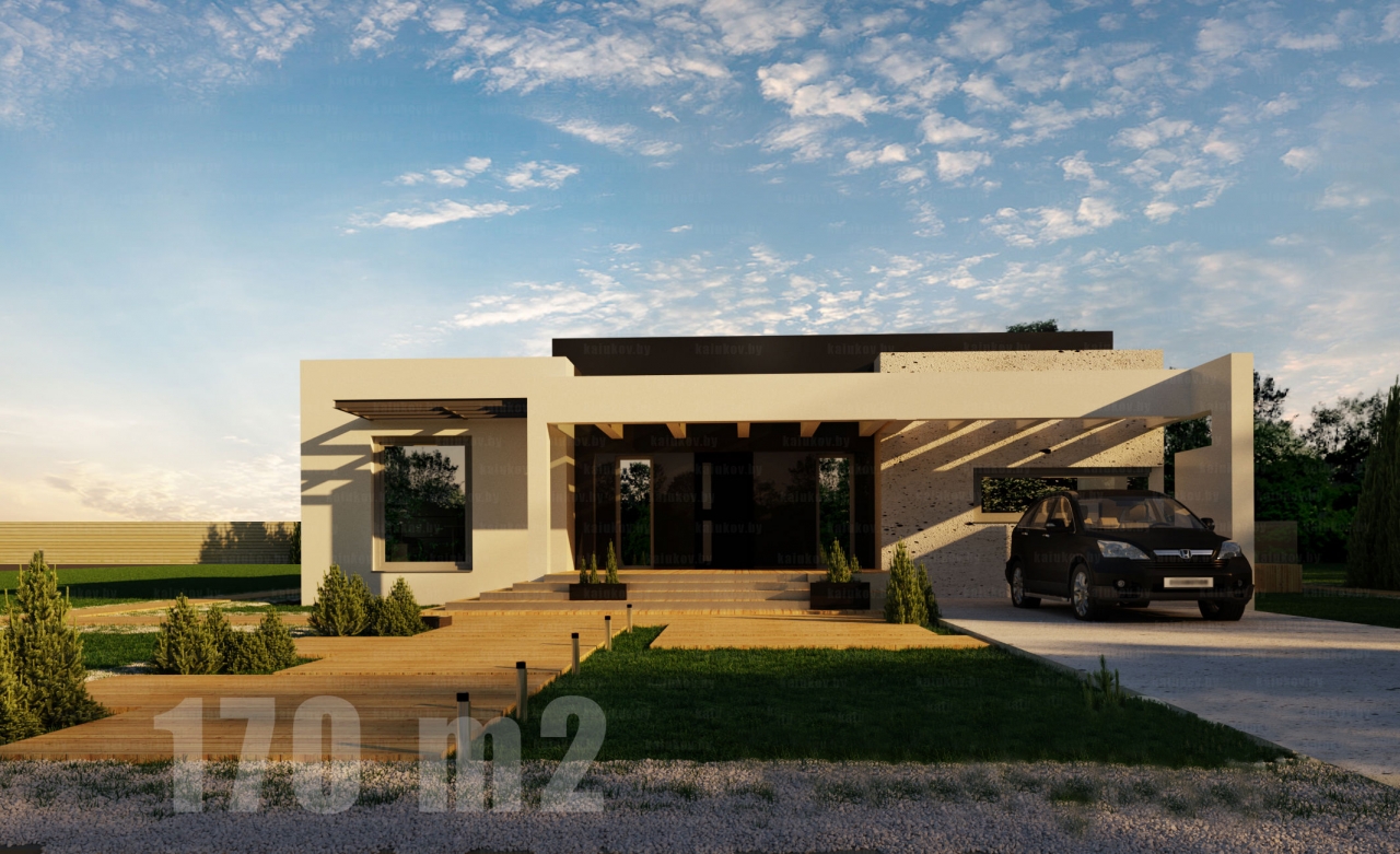 Проект 1 этажного дома из блоков(каркаса) с террасой и плоской кровлей МZ